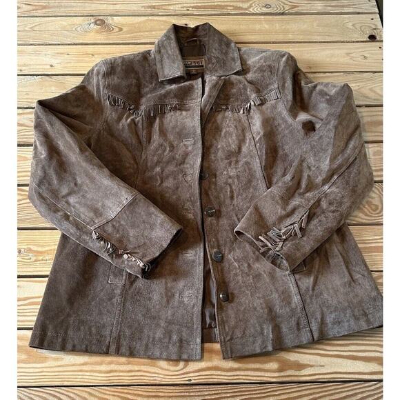 Esprit Vintage Leather Fringe Detail Jacket Size Large Women’s Brown - Picture 1 of 7